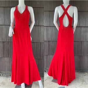 🔥Vintage Y2K Niki By Niki Livas Beaded Crisscross Back Mermaid Party Red Dress